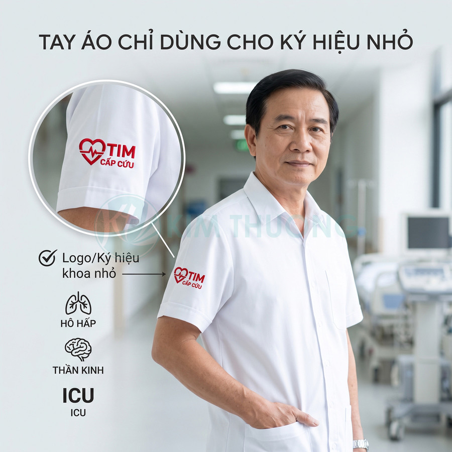 Áo blouse bác sĩ tay ngắn màu trắng in logo tim cấp cứu đỏ nhỏ trên tay áo